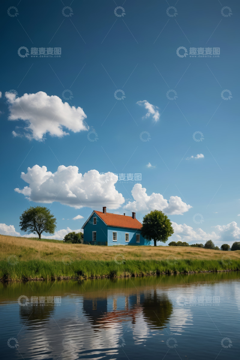 高清大图下载【趣麦麦图】湖畔蓝顶小屋自然风光