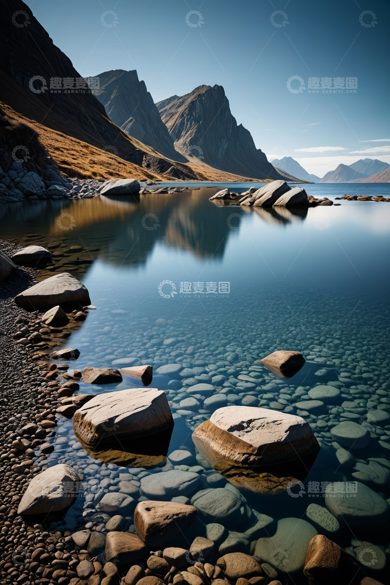 高清大图下载【趣麦麦图】山间平静湖水与岩石景观