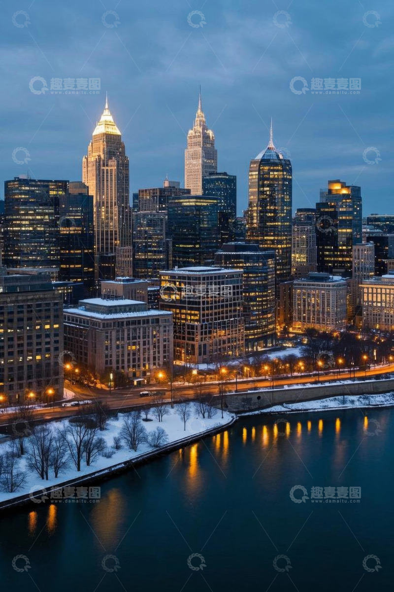 高清大图下载【趣麦麦图】冬季城市高楼与河畔夜景
