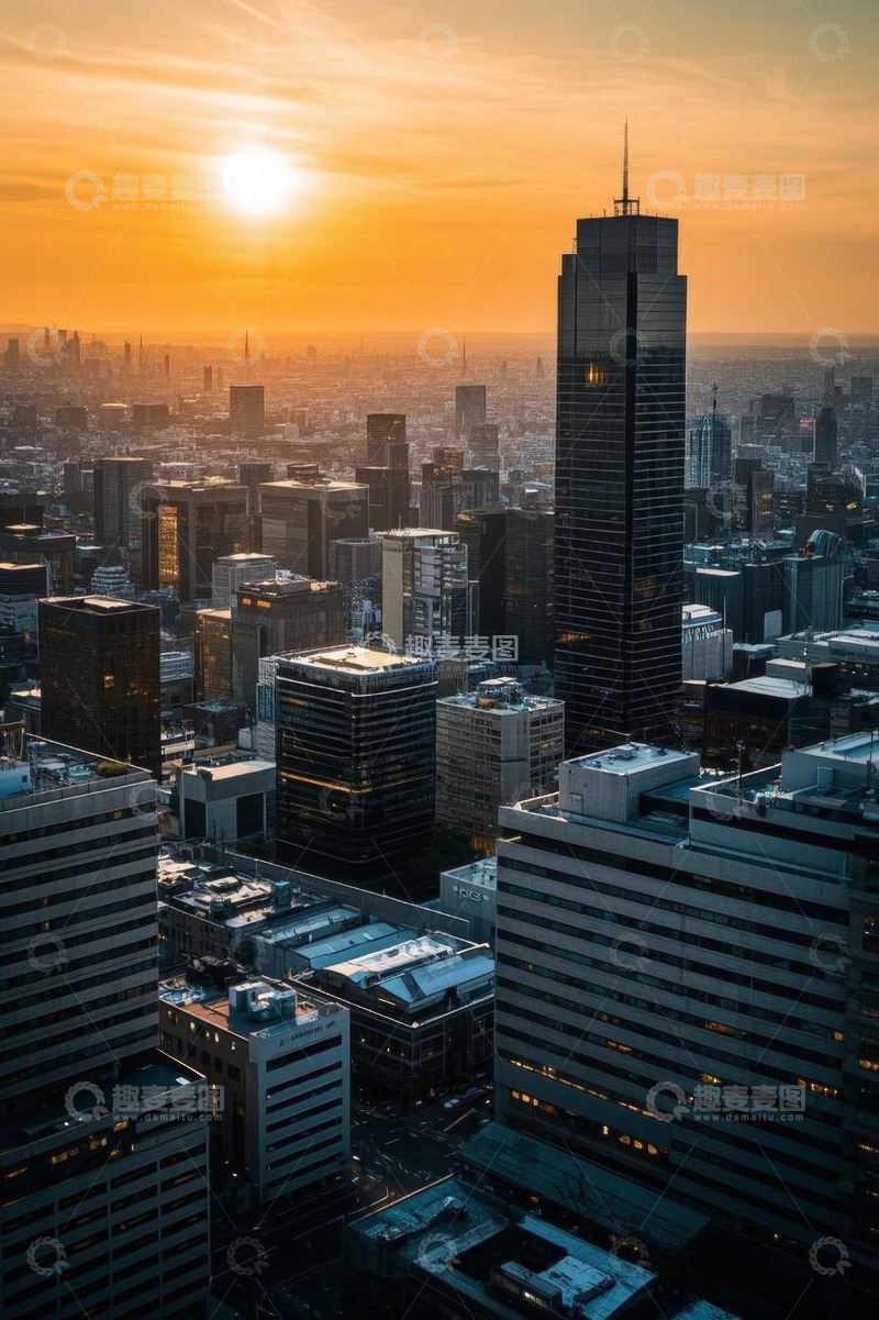 高清大图下载【趣麦麦图】日落时分城市高楼俯瞰