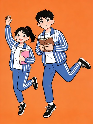 一对跳跃的学生