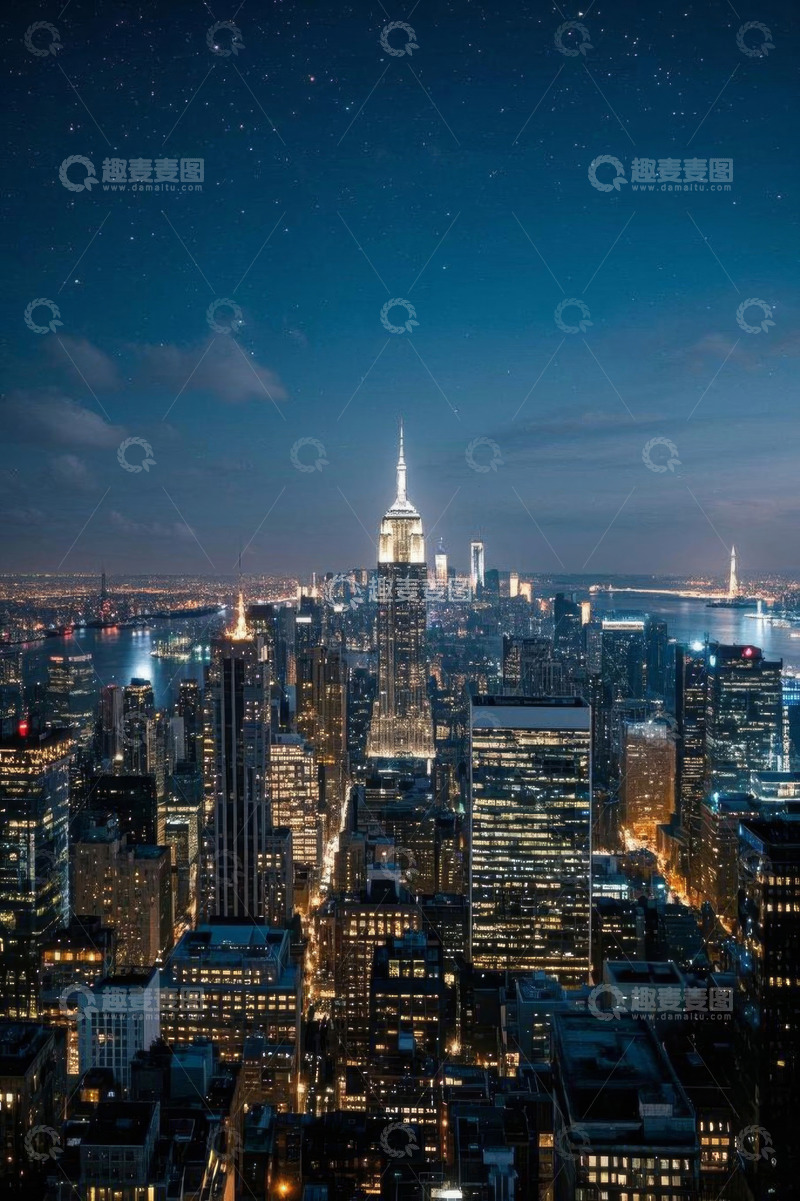 高清大图下载【趣麦麦图】纽约曼哈顿夜晚城市高楼景观