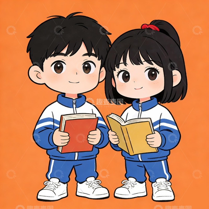 高清大图下载【趣麦麦图】一对小学生卡通