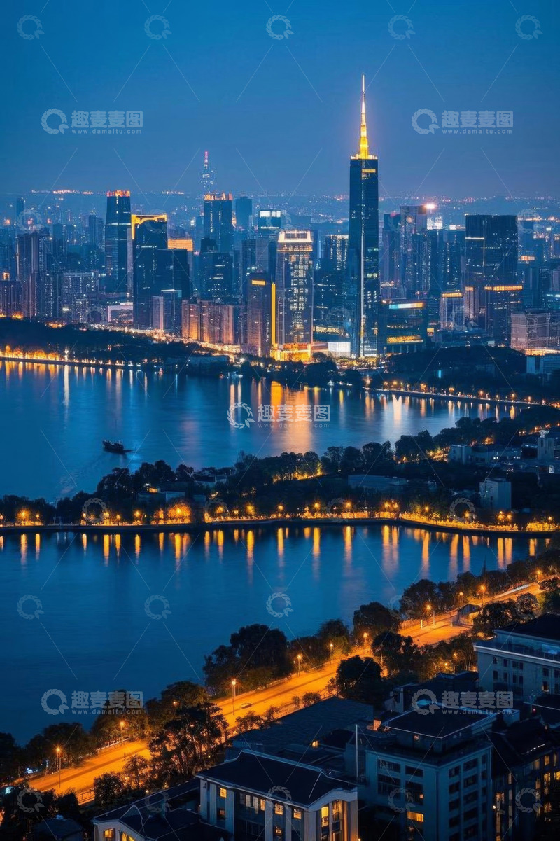 高清大图下载【趣麦麦图】城市夜景湖畔高楼全景