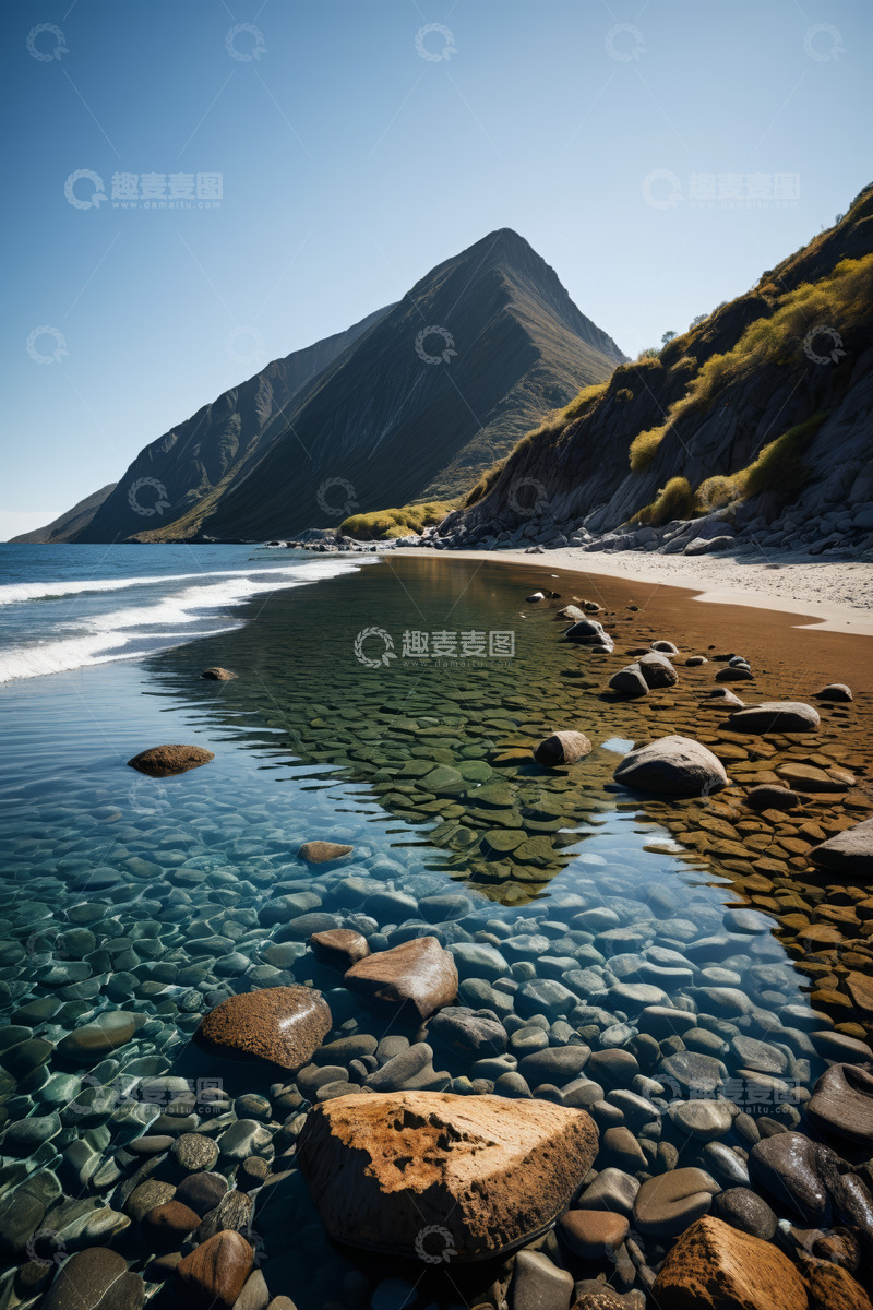 高清大图下载【趣麦麦图】山脚下清澈海滩与岩石景观