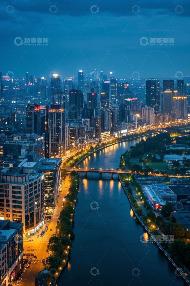 高清大图下载【趣麦麦图】城市河畔夜景鸟瞰