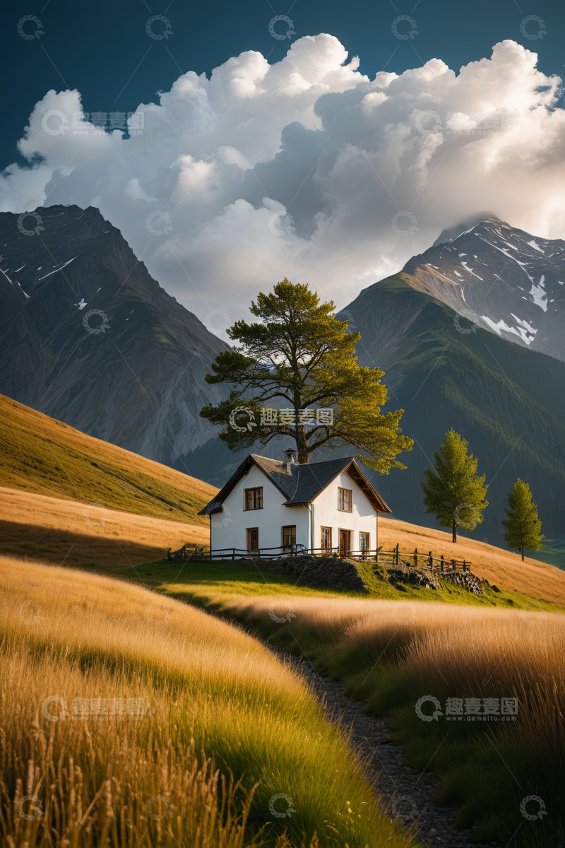 高清大图下载【趣麦麦图】山间草原上的独栋小屋