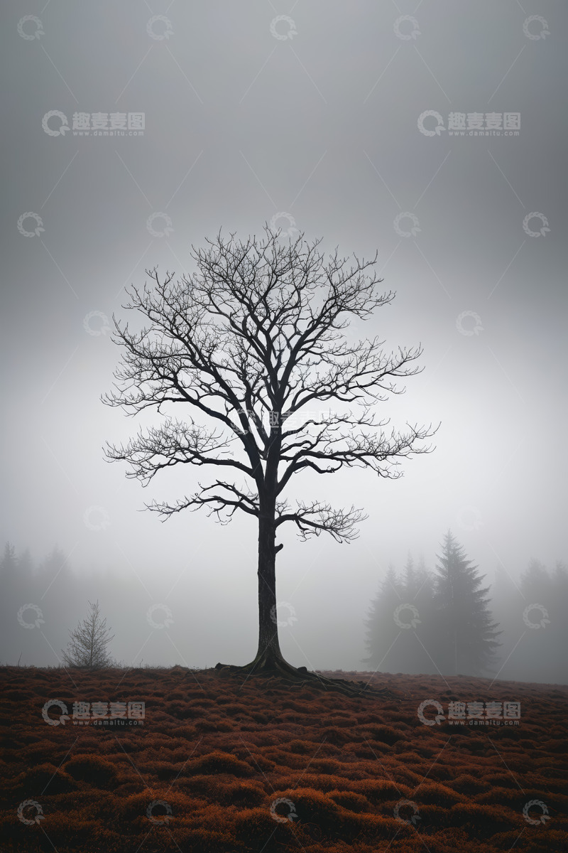 高清大图下载【趣麦麦图】雾中荒野孤树景观
