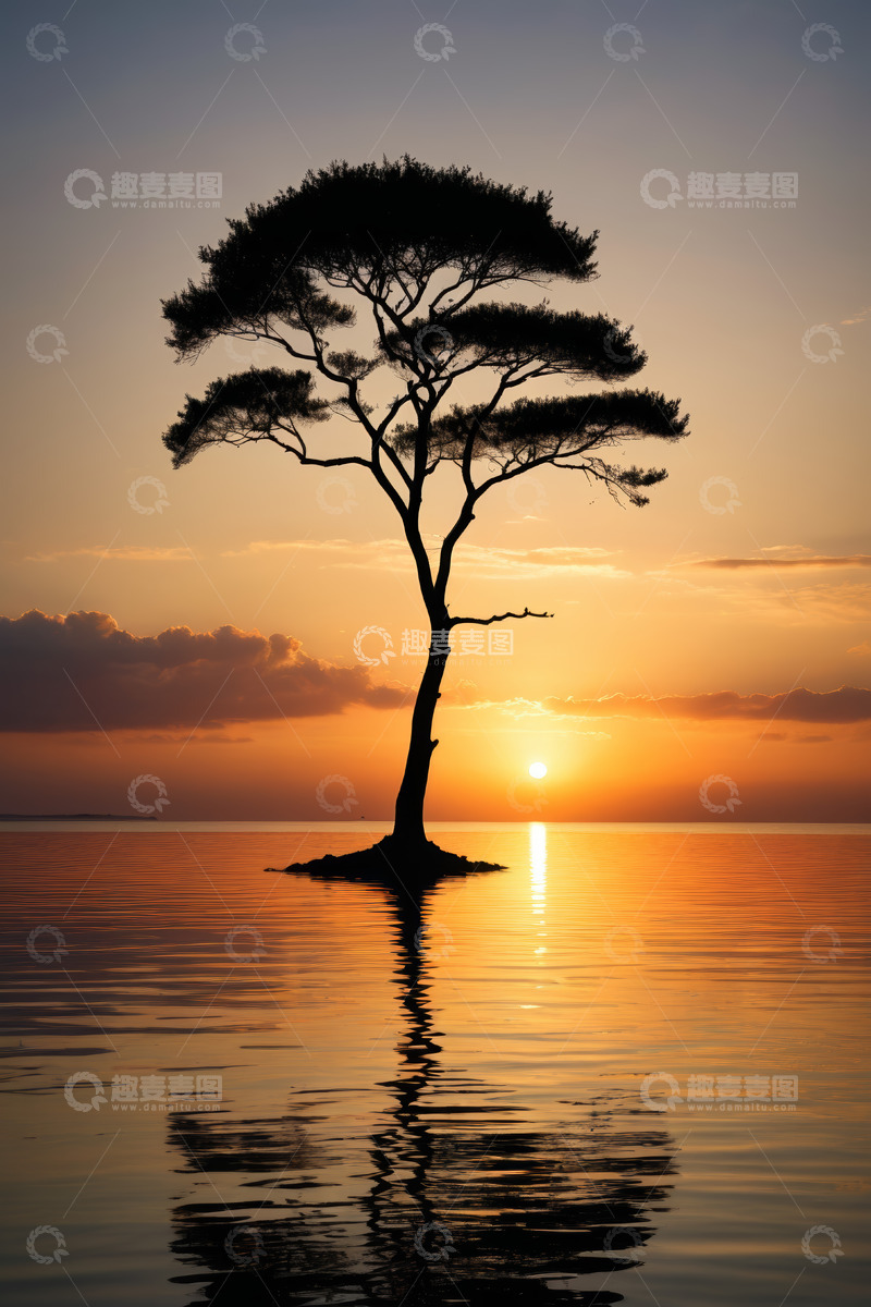 高清大图下载【趣麦麦图】夕阳下孤树映于水面景观
