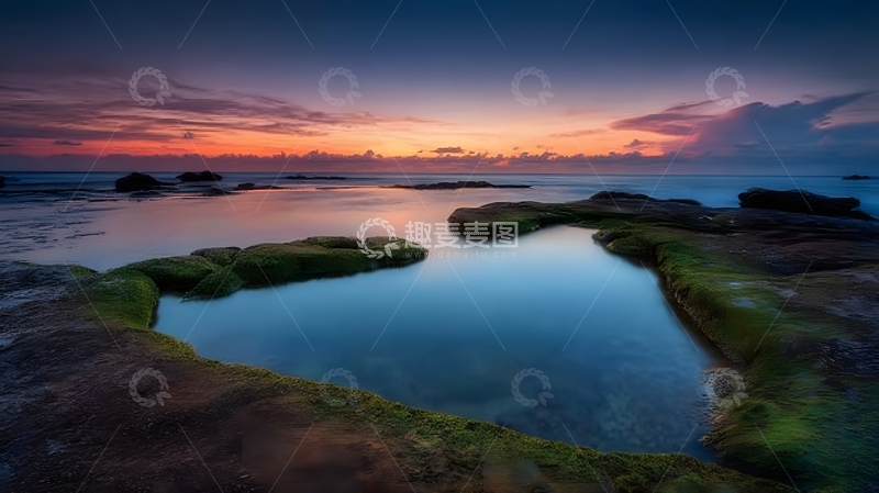 高清大图下载【趣麦麦图】海边岩石池塘日落风光