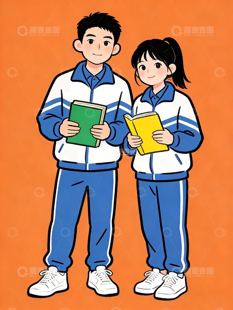 高清大图下载【趣麦麦图】一对中学生卡通