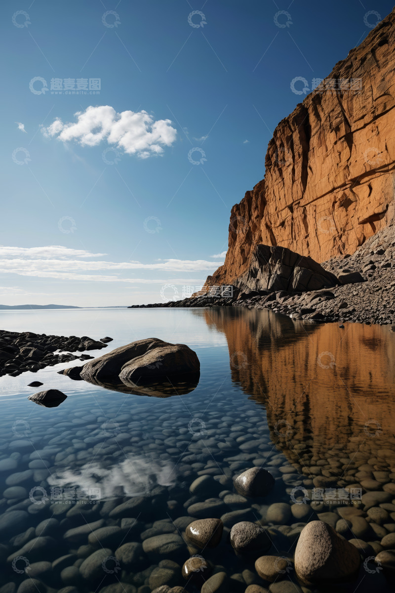 高清大图下载【趣麦麦图】湖边峭壁与清澈水面景观