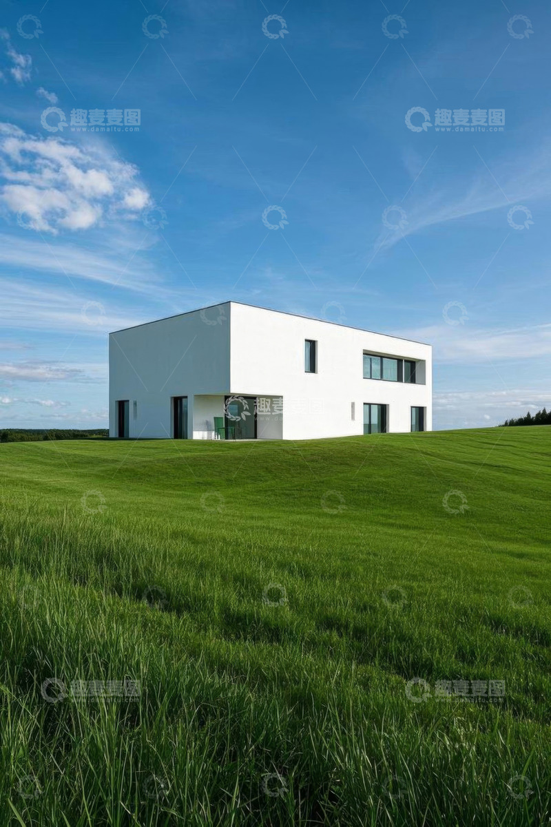 高清大图下载【趣麦麦图】草地中的现代白色独栋建筑