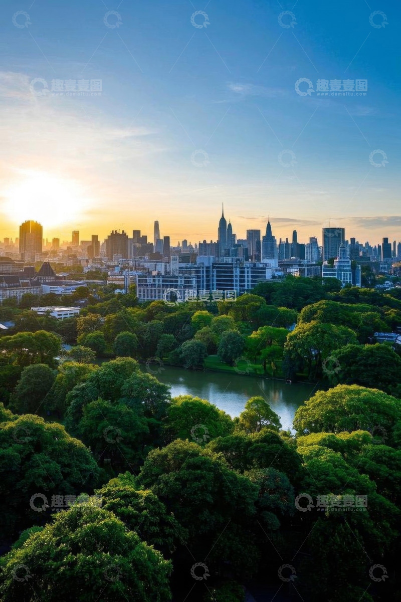 高清大图下载【趣麦麦图】城市公园与高楼日落景观
