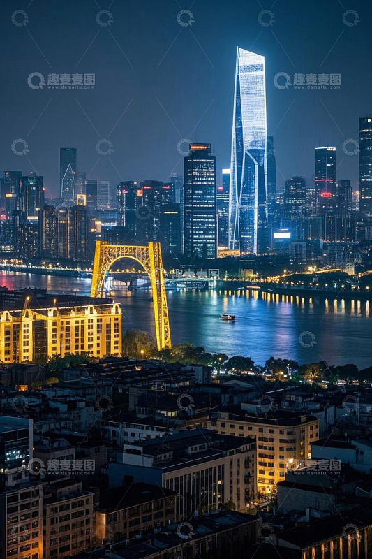 城市河畔高楼夜景全景