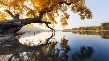 秋日湖畔树影风景画