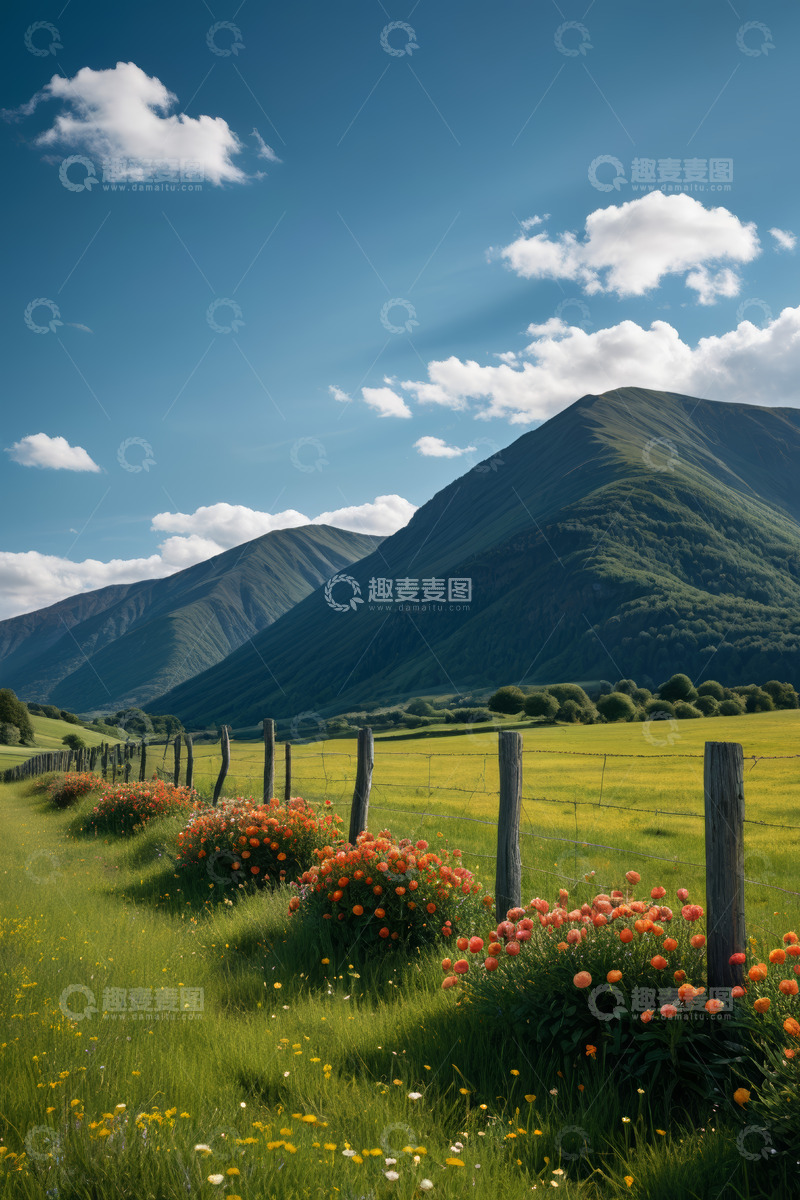 高清大图下载【趣麦麦图】山间草地围栏花卉风景