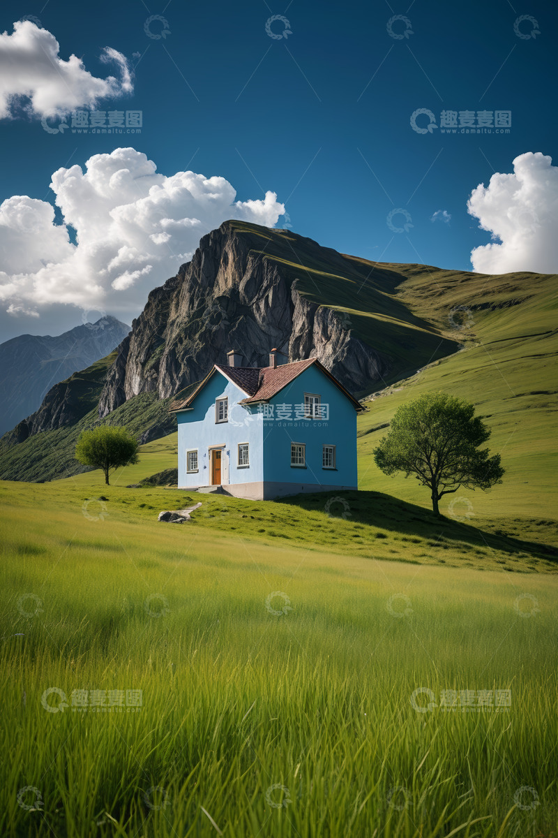 高清大图下载【趣麦麦图】山间草地蓝色小屋自然风光