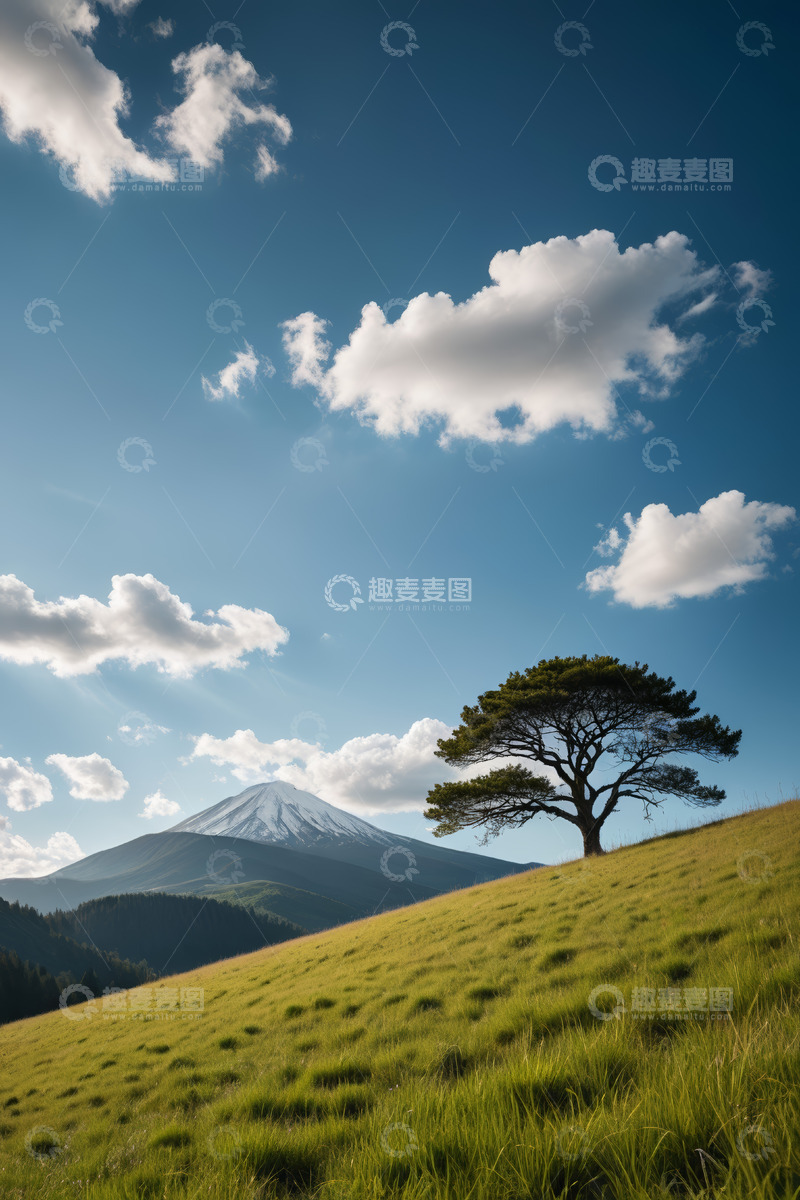 高清大图下载【趣麦麦图】日本富士山旁草地孤树景观