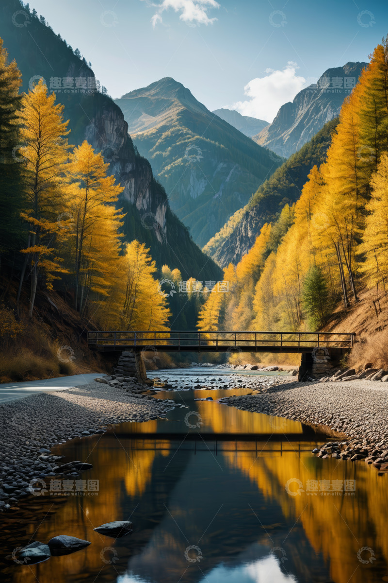 高清大图下载【趣麦麦图】山间秋色河流桥梁风景