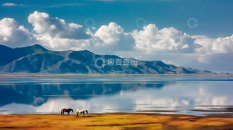 高清大图下载【趣麦麦图】湖光山色马儿闲