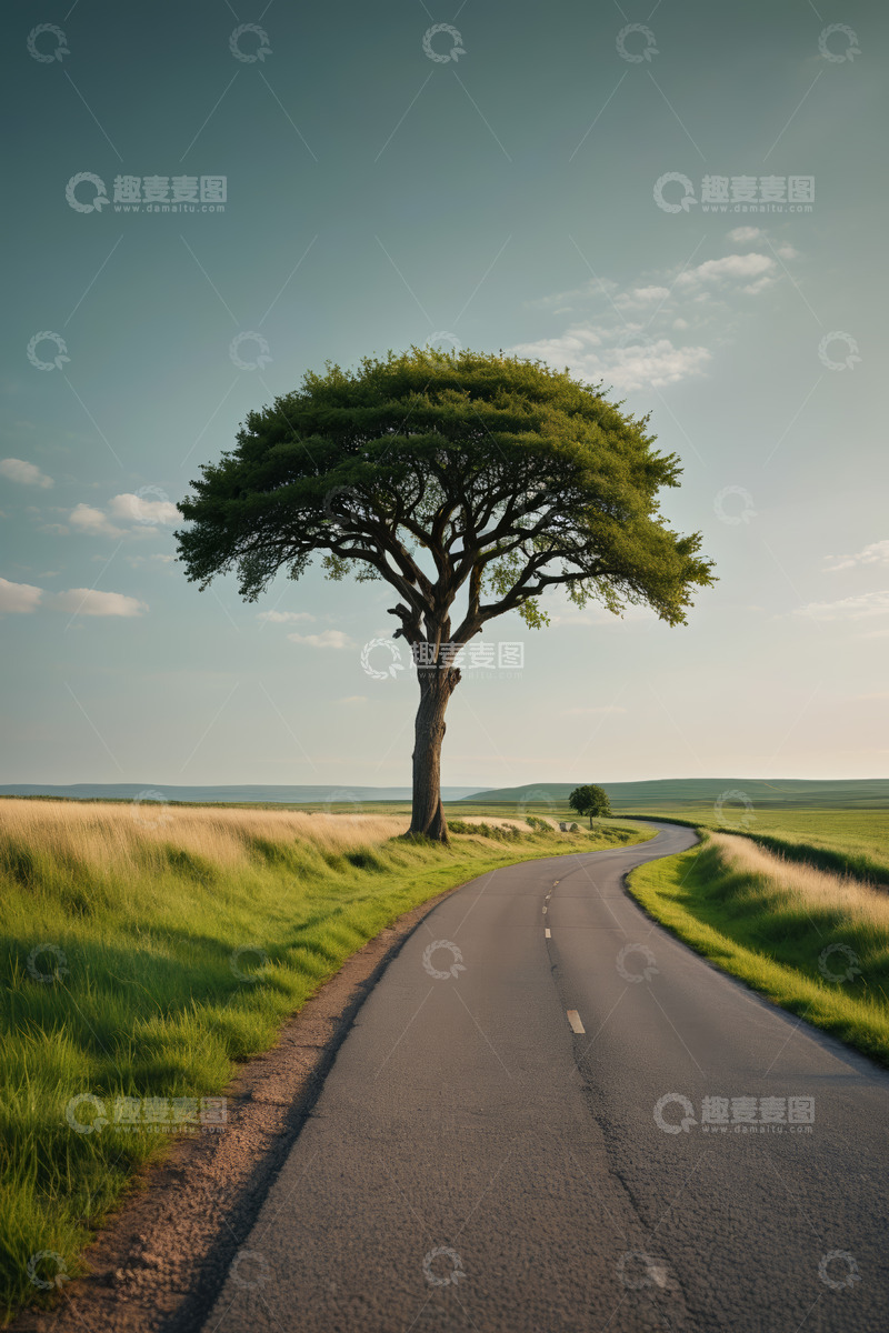 高清大图下载【趣麦麦图】田野公路旁的孤树风景