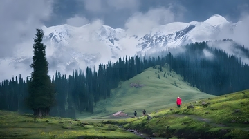 雪山草原红衣人风光摄影