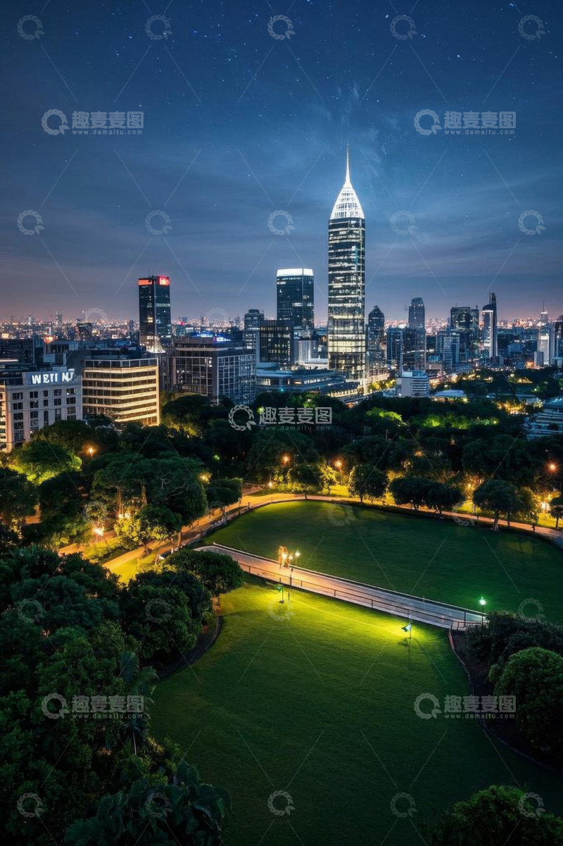 高清大图下载【趣麦麦图】城市夜景中的高楼与绿地景观