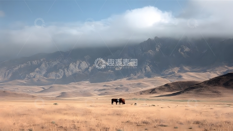 高清大图下载【趣麦麦图】荒原骏马云雾山