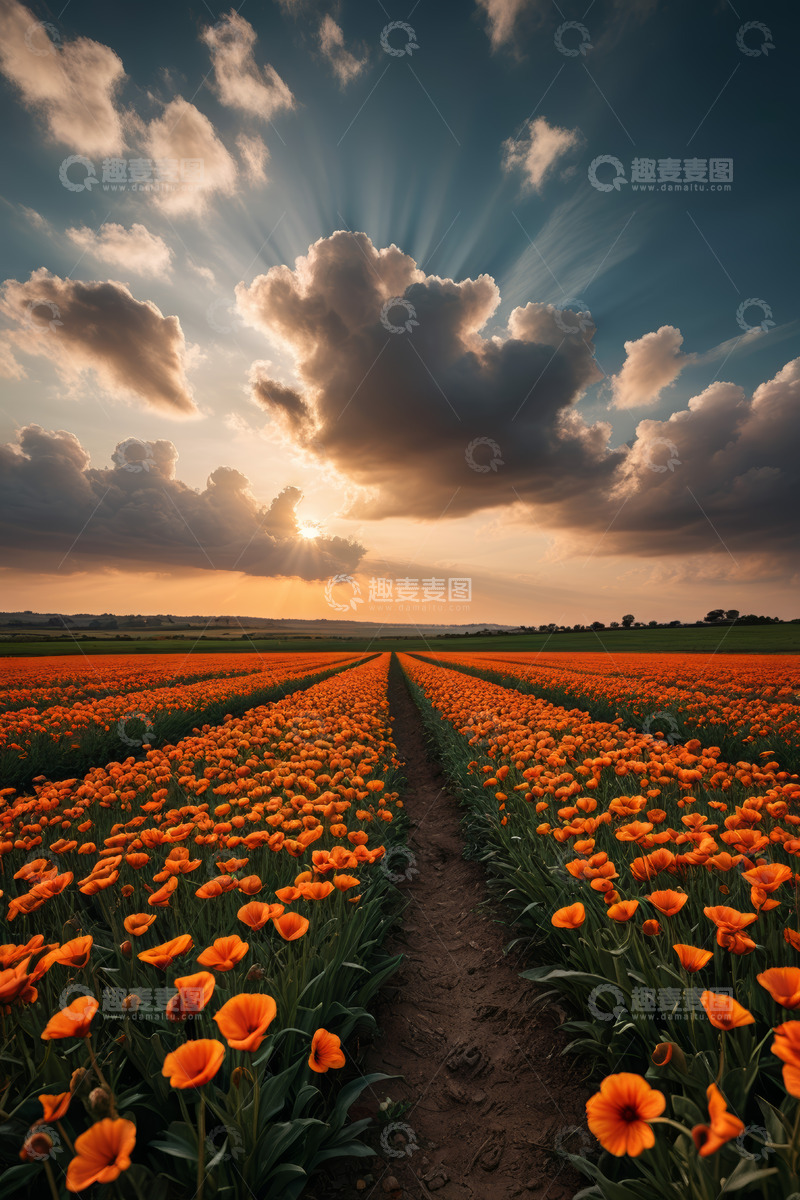 高清大图下载【趣麦麦图】夕阳下的橙色花田风景