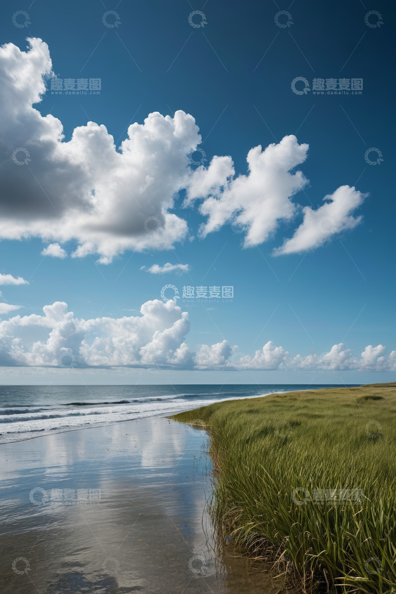 高清大图下载【趣麦麦图】蓝天白云下的海滩与草地景观