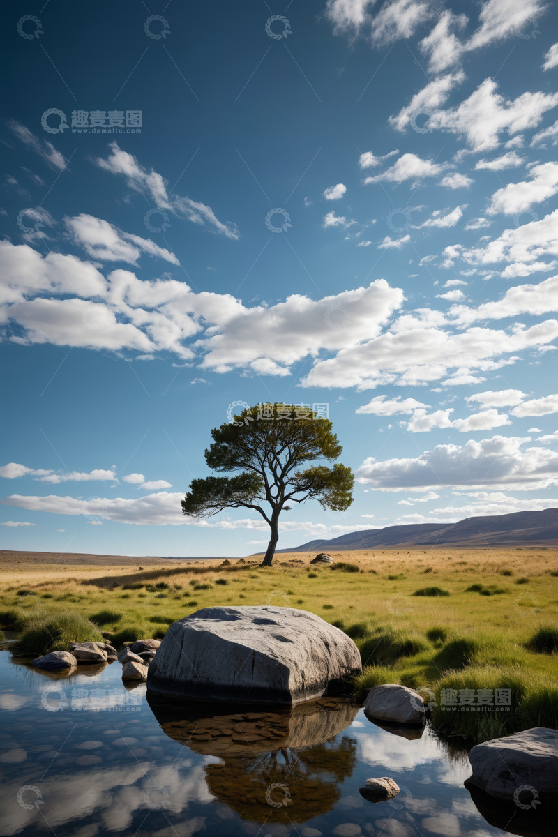 高清大图下载【趣麦麦图】旷野中孤树与水洼风景