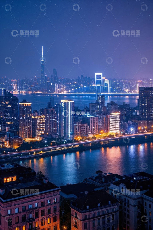 城市夜景高楼与河流景观