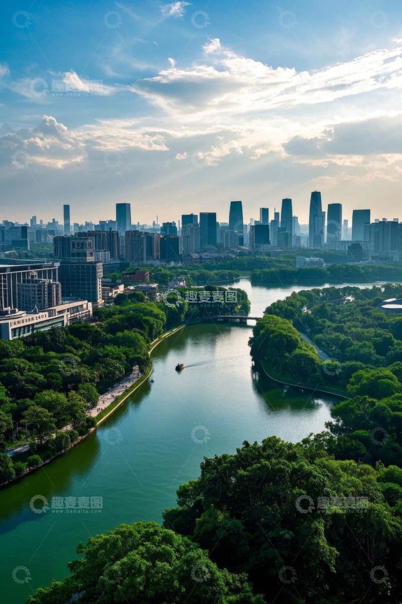 高清大图下载【趣麦麦图】城市河畔风光鸟瞰