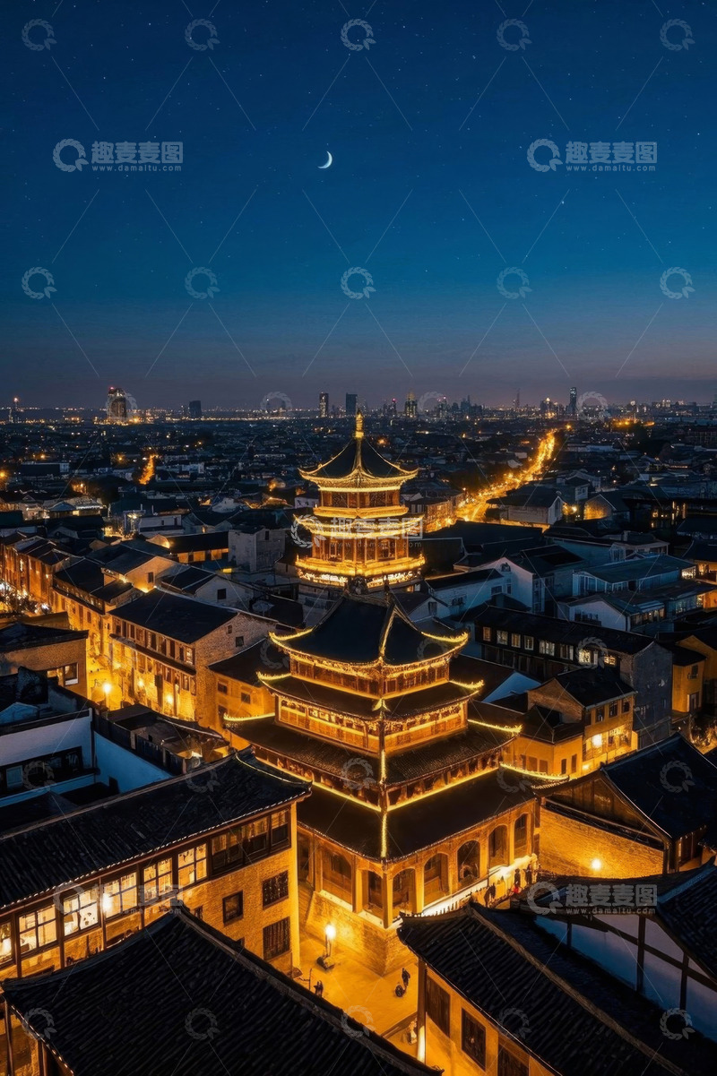高清大图下载【趣麦麦图】古城夜景中式塔楼俯瞰
