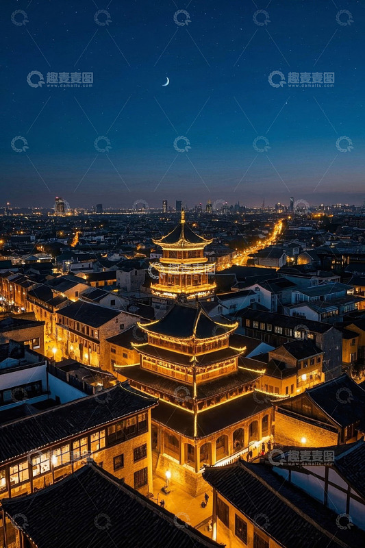 古城夜景中式塔楼俯瞰