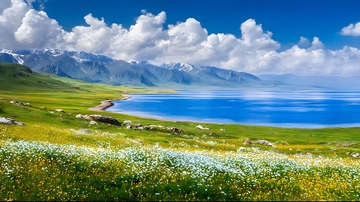 湖畔花海山水风光