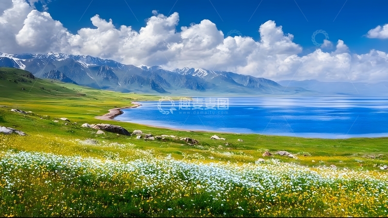 高清大图下载【趣麦麦图】湖畔花海山水风光