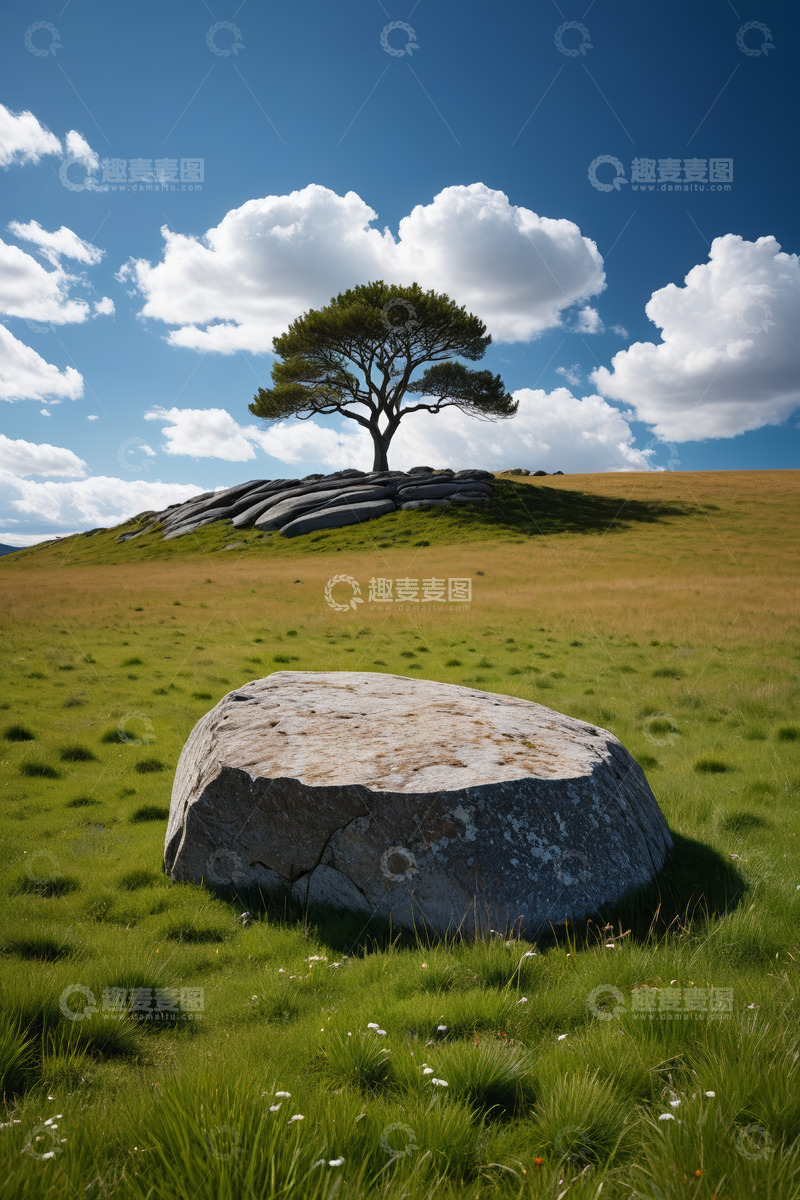 高清大图下载【趣麦麦图】草原上孤树与巨石风景