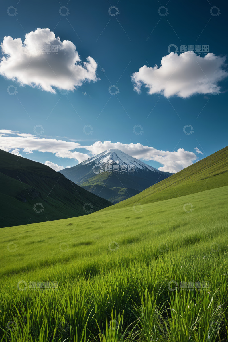 高清大图下载【趣麦麦图】蓝天白云下的雪山与绿草地
