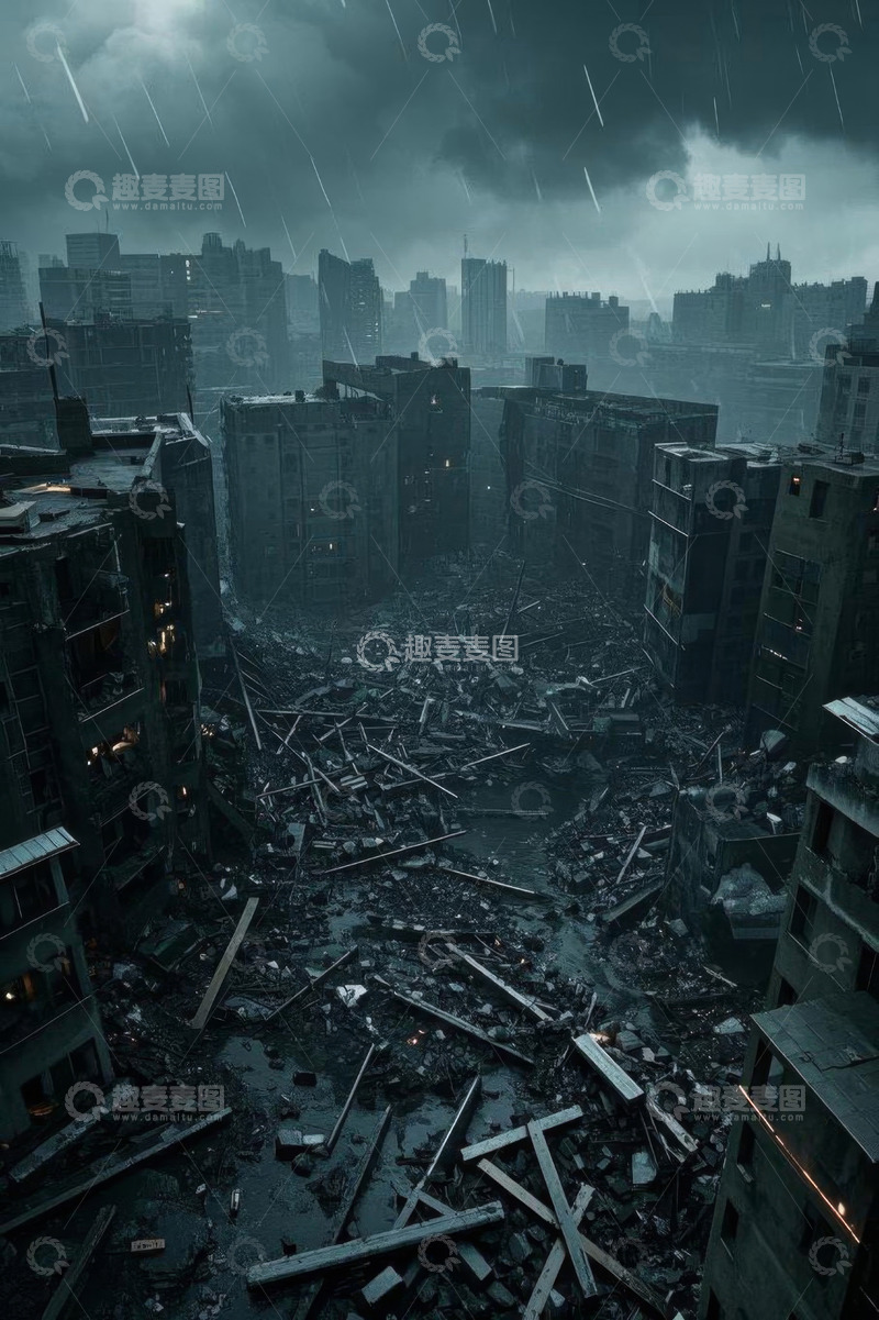 高清大图下载【趣麦麦图】雨中废墟城市建筑景象