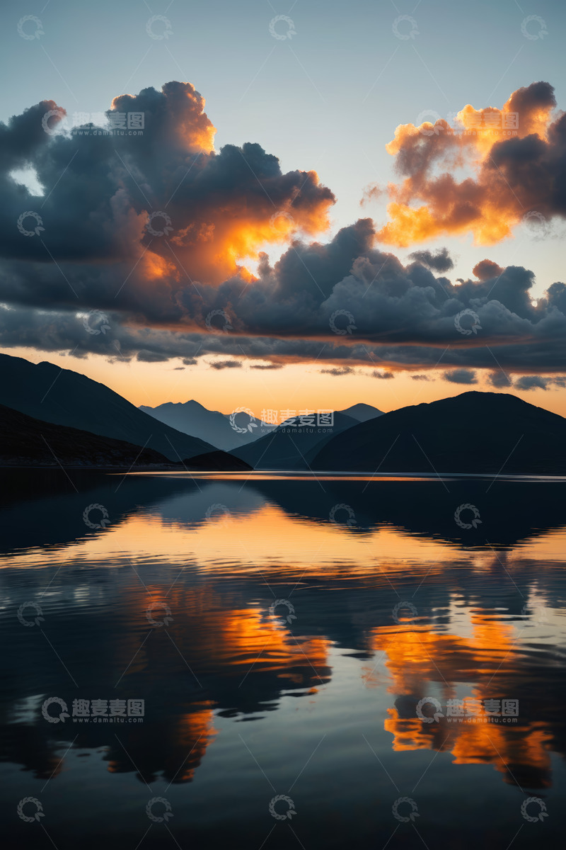 高清大图下载【趣麦麦图】山水间夕阳下的壮丽天空