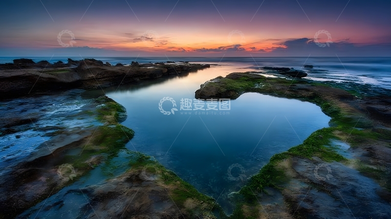 高清大图下载【趣麦麦图】海岸暮色岩石池风光