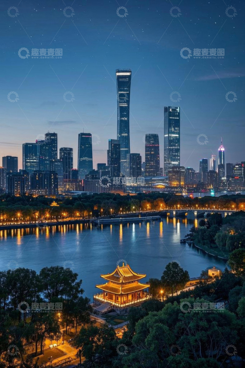 高清大图下载【趣麦麦图】北京城市夜景与河畔古建筑
