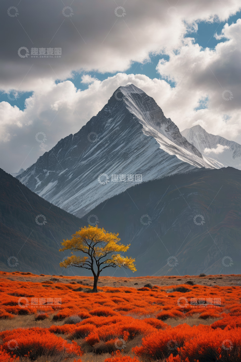 高清大图下载【趣麦麦图】雪山下的红草地与孤树景观