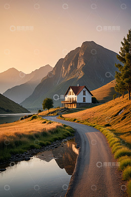山间公路旁的小屋风景