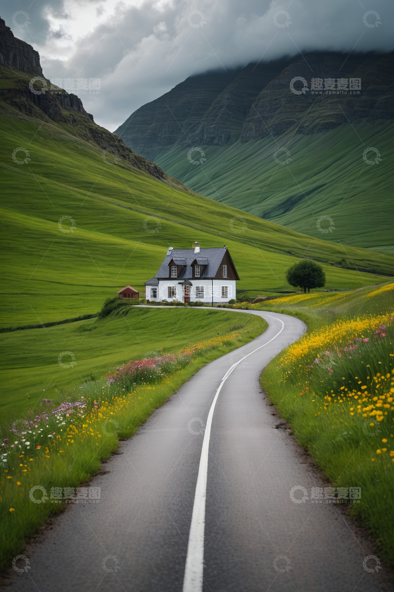 高清大图下载【趣麦麦图】山间绿草地中的独栋小屋