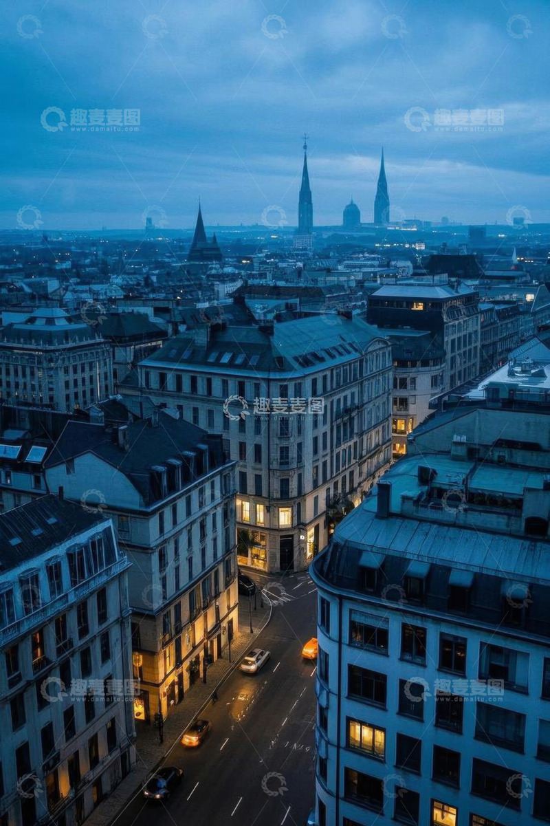 高清大图下载【趣麦麦图】欧洲城市黄昏俯瞰街道建筑