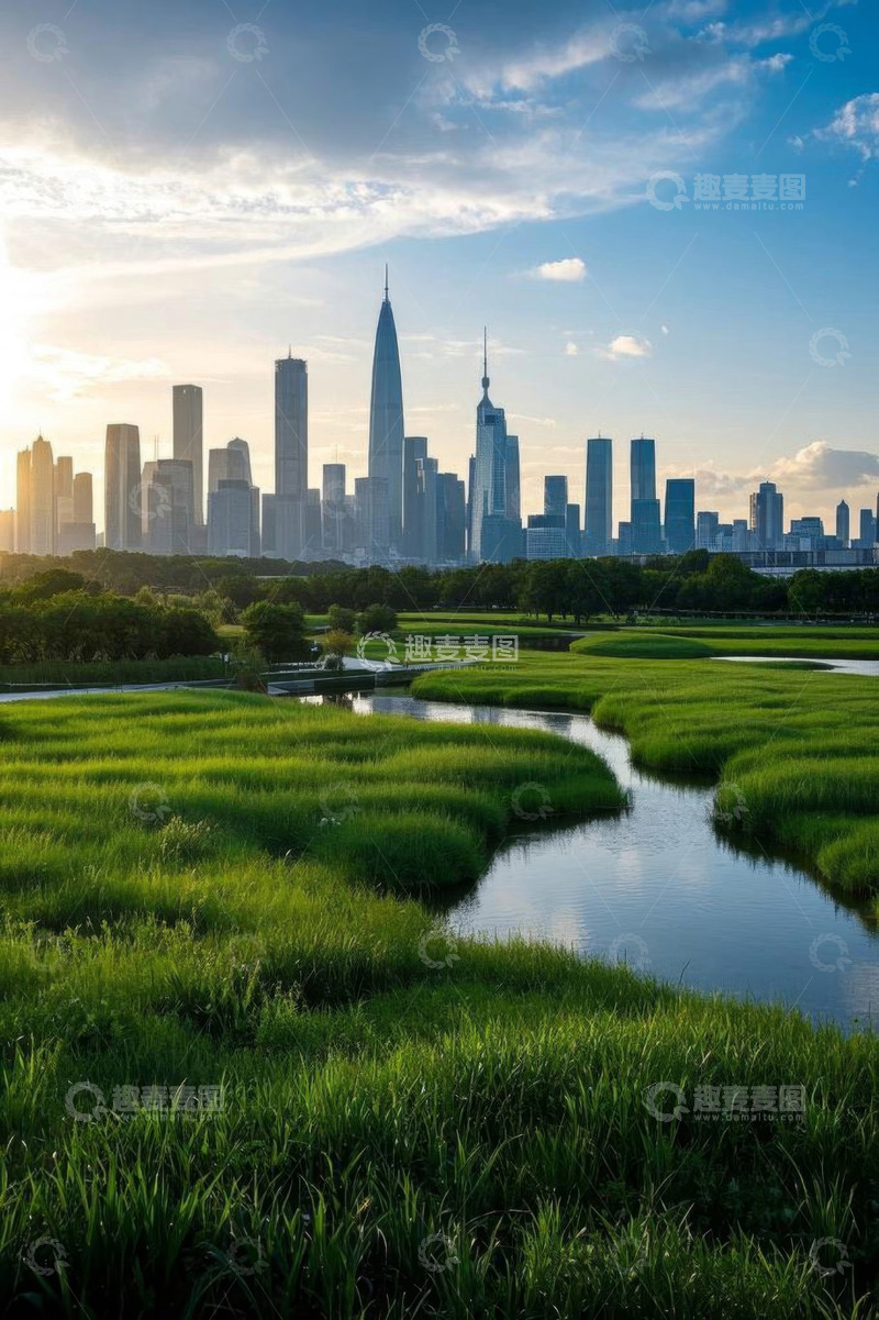 高清大图下载【趣麦麦图】城市高楼与绿地河流景观
