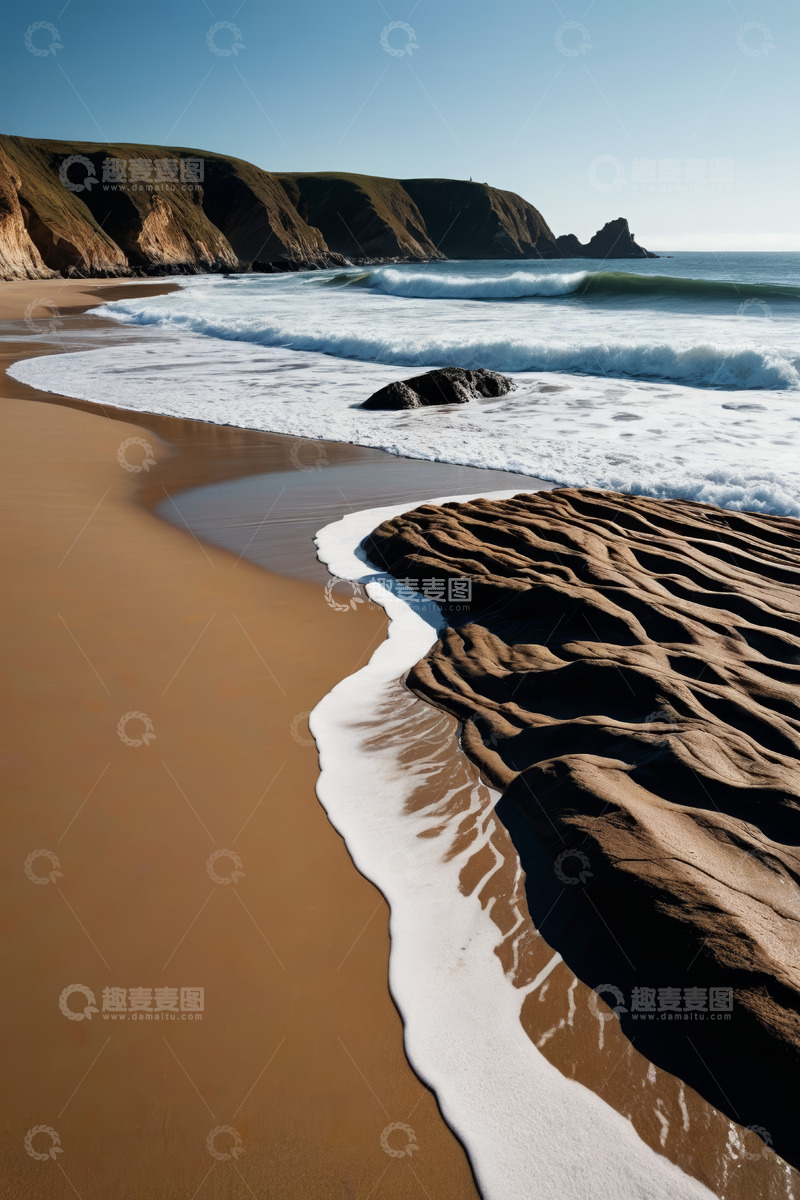 高清大图下载【趣麦麦图】海岸沙滩海浪与远处山峦景观